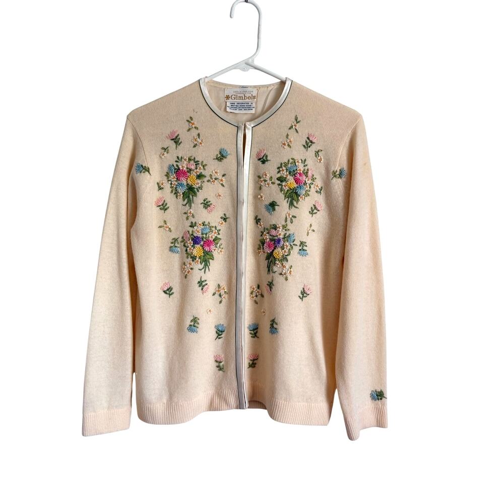 Gimbels Vintage Embroidered Cardigan Sweater Floral Wool Angora M (10) Coquette